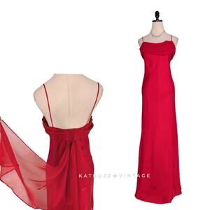 Vintage Prom Dress Maxi Gown M Red 90s Y2K Fairy Goth Ruffle Satin Grunge Slip